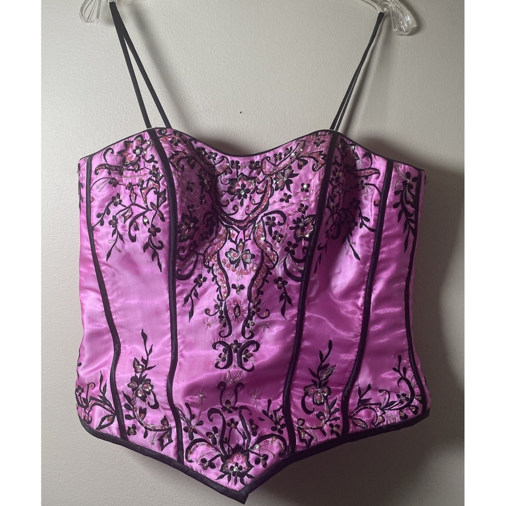 Princess Metallic Pink Beaded Embroidered‎ Back Lace Up Corset Top Women's 16